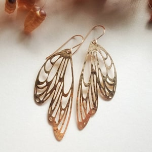 Hammered Brass Butterfly Wing Earrings, Art Nouveau Style, Long Gold Earrings, Handmade in Australia