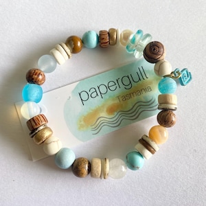 Beachy Boho Aqua Blue Sea Glass Charm Bracelet, Mykonos Spiral Patina Charm, Natural Rustic Bohemian Jewellery, Australian Handmade Gift