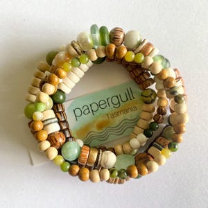 Rustic “Garden Greens” Set of 5 Bracelet Stack, Beaded Gemstone & Wood Stetch Bracelets, Australian Handmade Unique Jewellery Gift for Her