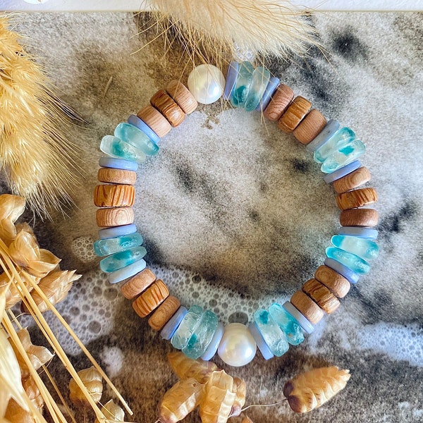 Natural Rustic Recycled Blue Glass Bead Bracelet,  Beachy Boho Stretch Bracelet, Wood & Glass Bead Bracelet, Australian Handmade Jewellery