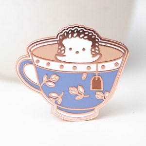 Teacup Hedgehog Hard Enamel Pin: Rose Gold Finish