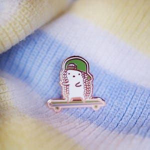 Hedgehog Rebel Enamel Pin: Rose Gold Skateboard Pin