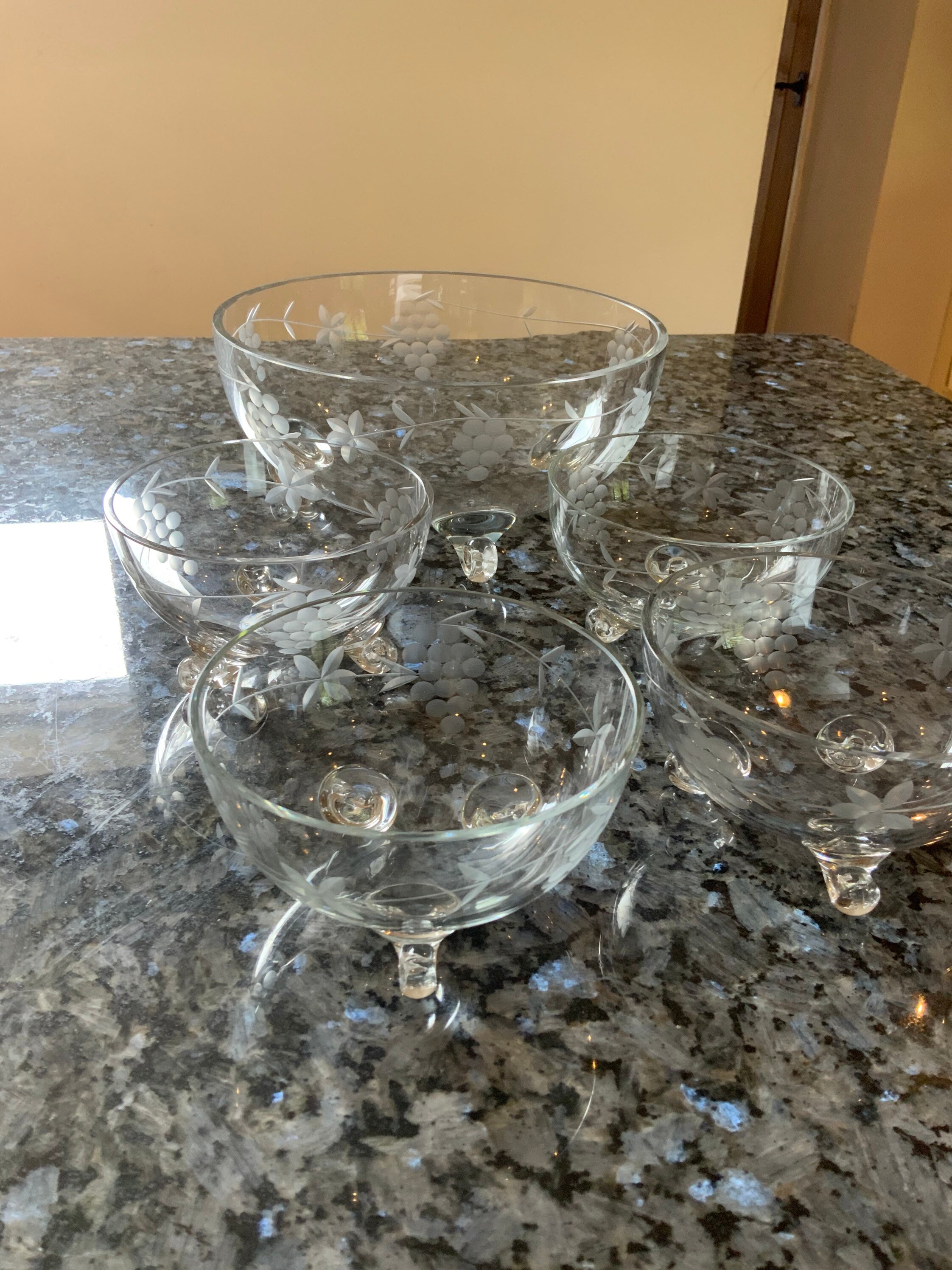 Decorative etched glass fruit bowl and four matching dessert Etsy