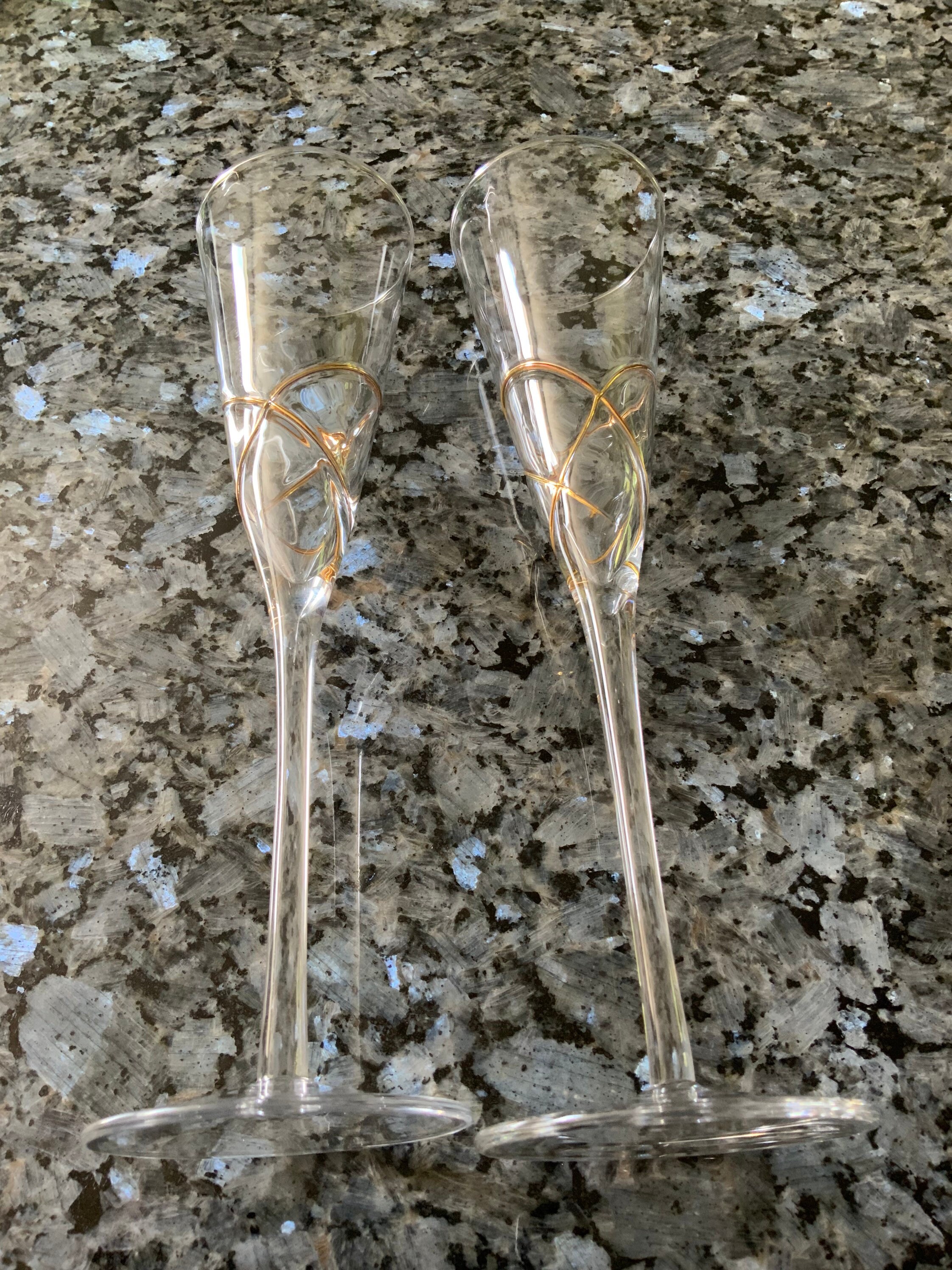Pair of tall champagne flutes with gilded decoration Etsy