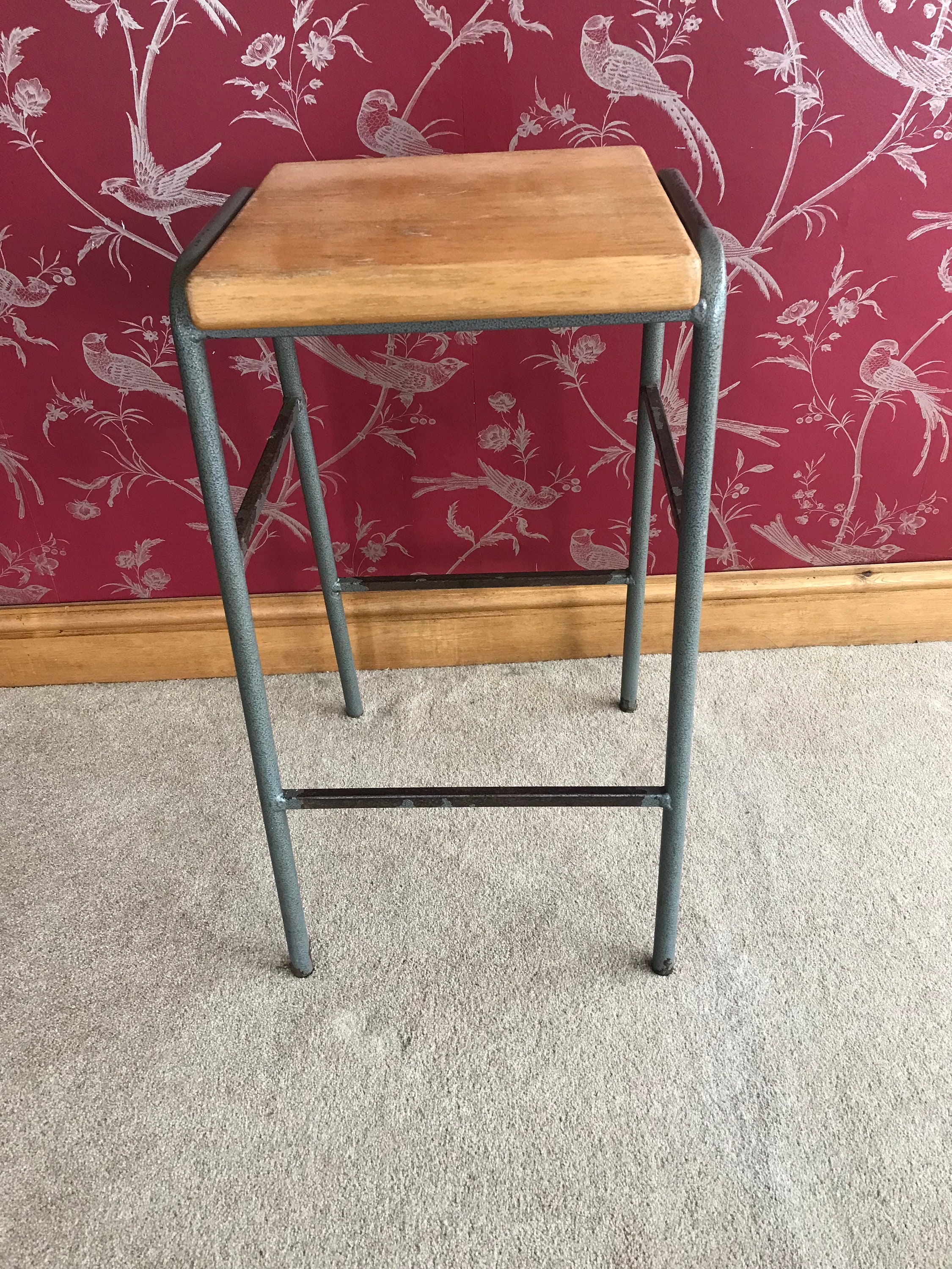 Vintage Wooden Top Metal Frame Lab Stool Etsy
