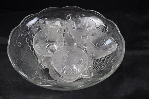Vintage Glass Punch Bowl and 12 Cups and Hooks Grape Design 