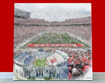 May include: A watercolor painting of a football stadium with a large crowd of people wearing red and white. The stadium is filled with fans cheering on their team. The words "Buckeyes" are visible on the field.