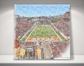 Darrell K Royal-Texas Memorial Stadium Canvas / Print, Artist Drawn College Football Stadium, University of Texas Longhorns College Football