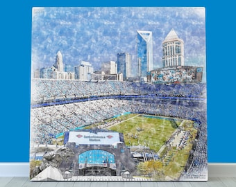 Könnte beinhalten: Ein Aquarell des Bank of America Stadiums in Charlotte, North Carolina. Das Stadion ist mit Fans gefüllt und die Skyline der Stadt ist im Hintergrund zu sehen.