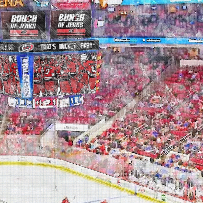 May include: A watercolor painting of a hockey arena with a crowd of fans in the stands. The scoreboard displays the text "Bunch of Jerks" and "That's hockey, baby!" The ice rink is empty with a few players on the ice.