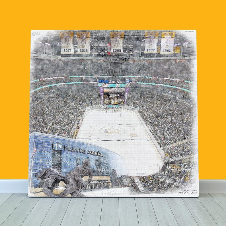 May include: A black and white sketch of a hockey arena, PPG Paints Arena, with a crowd of people in the stands. The arena is lit up with bright lights and the ice is visible in the centre of the arena. The words "PPG Paints Arena" are visible on the side of the arena. The years 2017, 2016, 2009, 1992, and 1991 are visible on the scoreboard.