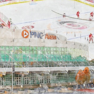May include: A watercolor painting of PNC Arena, a large, modern sports arena with a glass facade. The arena is surrounded by a white ice rink with hockey players in red jerseys. The sign above the arena reads "PNC Arena".