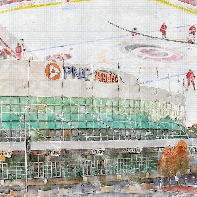May include: A watercolor painting of PNC Arena, a large, modern sports arena with a glass facade. The arena is surrounded by a white ice rink with hockey players in red jerseys. The sign above the arena reads "PNC Arena".