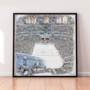 May include: A black and white watercolour illustration of a hockey arena with a crowd of people in the stands. The ice rink is empty except for a few players and the logo of the Detroit Red Wings. The text "Little Caesars Arena" is visible on the side of the arena.