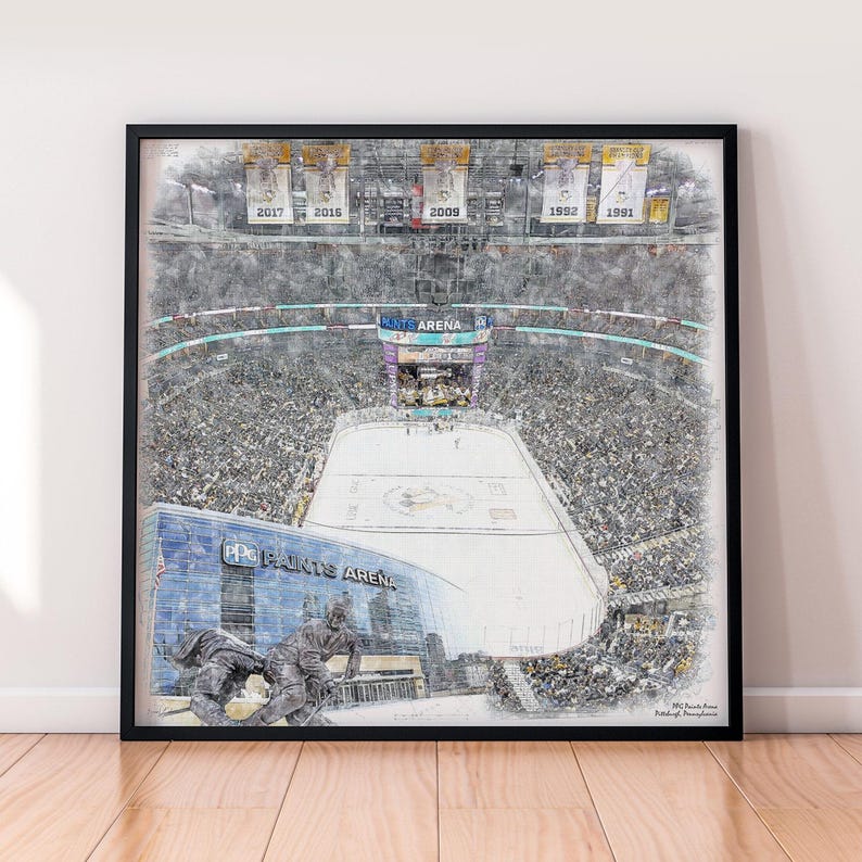 May include: A black and white watercolour illustration of a hockey arena with a crowd of people in the stands. The ice rink is empty except for a few players and the logo of the Detroit Red Wings. The text "Little Caesars Arena" is visible on the side of the arena.