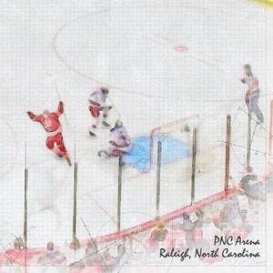 May include: A watercolor painting of a hockey game in progress at the PNC Arena in Raleigh, North Carolina. The players are wearing red and white jerseys, and the ice is covered in a grid pattern.