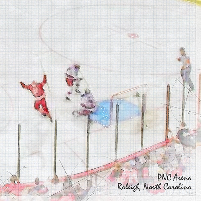 May include: A watercolor painting of a hockey game in progress at the PNC Arena in Raleigh, North Carolina. The players are wearing red and white jerseys, and the ice is covered in a grid pattern.