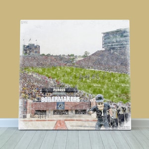 May include: A watercolor painting of a football stadium with a crowd of people. The stadium is filled with fans, and the field is green. The words "Purdue Boilermakers" are visible on the scoreboard. A mascot wearing a black and gold uniform is standing in front of the scoreboard.