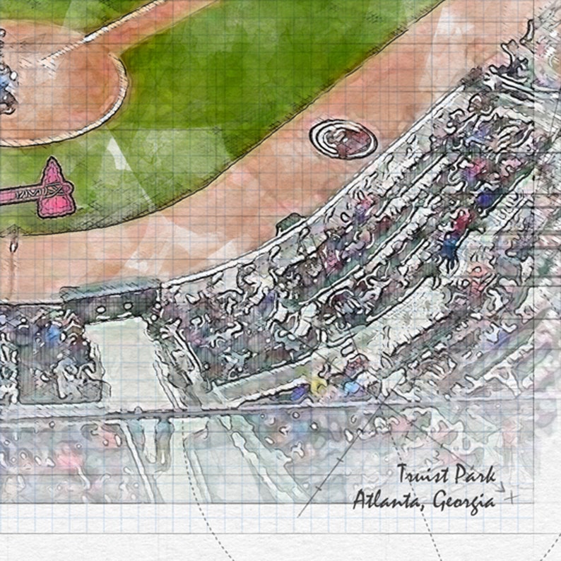 May include: A watercolor painting of a baseball stadium, showing the stands filled with fans. The field is visible in the background, with a red and white logo in the center. The text "Truist Park Atlanta, Georgia" is written in the bottom right corner.