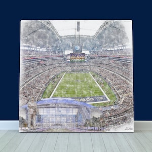 May include: A watercolor illustration of AT&T Stadium in Arlington, Texas. The stadium is filled with fans and the field is visible in the center. The stadium is surrounded by a blue sky and white clouds.