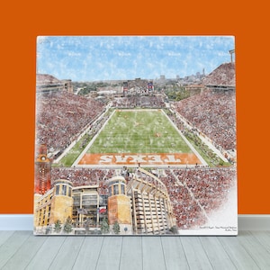 Darrell K Royal-Texas Memorial Stadium Canvas / Print, Artist Drawn College Football Stadium, University of Texas Longhorns College Football