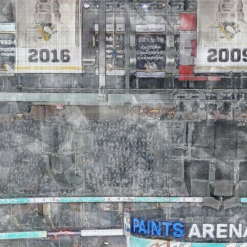 May include: A black and white photograph of a hockey arena with a banner that reads "2015-16 Eastern Conference Champions" and another banner that reads "PAINTS ARENA".