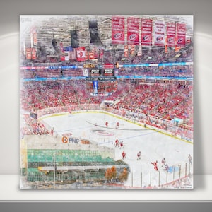 May include: A watercolor painting of a hockey arena with a red and white color scheme. The arena is filled with fans and the ice rink is visible in the center. The words "PNC Arena" are visible on the side of the arena.