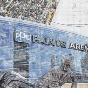 May include: A black and white sketch of a hockey player statue in front of a building with the text "PPG PAINTS ARENA" on the side. The building has a glass facade and a grid pattern.