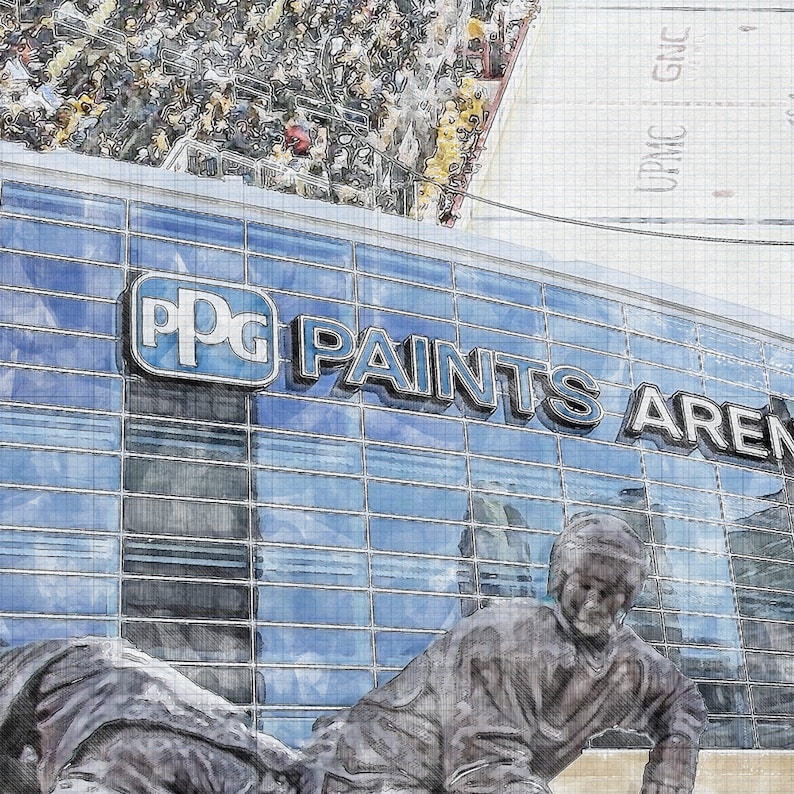 May include: A black and white sketch of a hockey player statue in front of a building with the text "PPG PAINTS ARENA" on the side. The building has a glass facade and a grid pattern.
