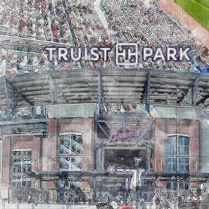 May include: A watercolor illustration of Truist Park, home of the Atlanta Braves. The image shows the exterior of the stadium with fans in the stands and the words "Truist Park" above the entrance.