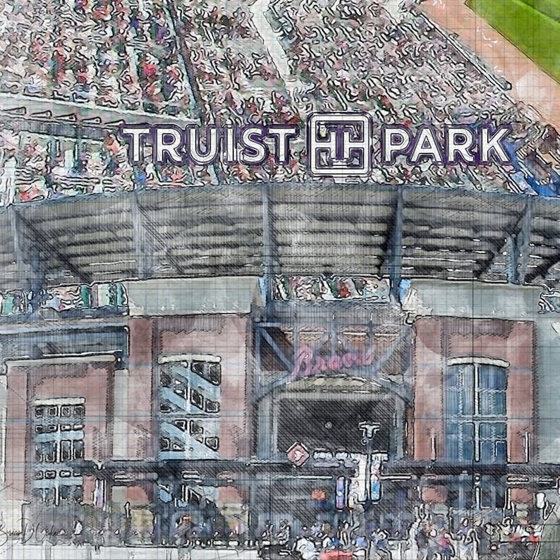 May include: A watercolor illustration of Truist Park, home of the Atlanta Braves. The image shows the exterior of the stadium with fans in the stands and the words "Truist Park" above the entrance.
