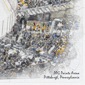 May include: A watercolour illustration of a crowd of people sitting in the stands of PPG Paints Arena in Pittsburgh, Pennsylvania. The image is drawn on a gridded background.