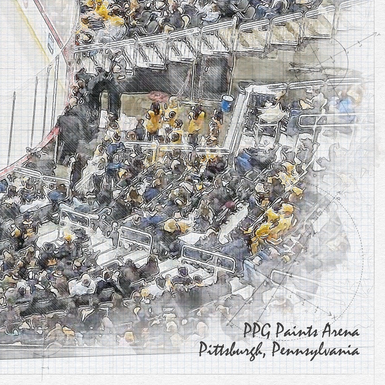 May include: A watercolour illustration of a crowd of people sitting in the stands of PPG Paints Arena in Pittsburgh, Pennsylvania. The image is drawn on a gridded background.