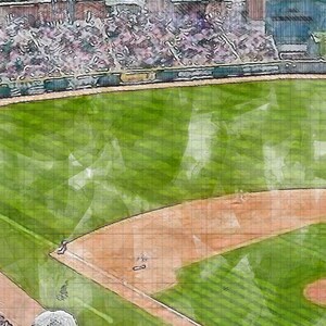 May include: A watercolor painting of a baseball field with a green outfield and a brown infield. The stands are filled with people in the background.