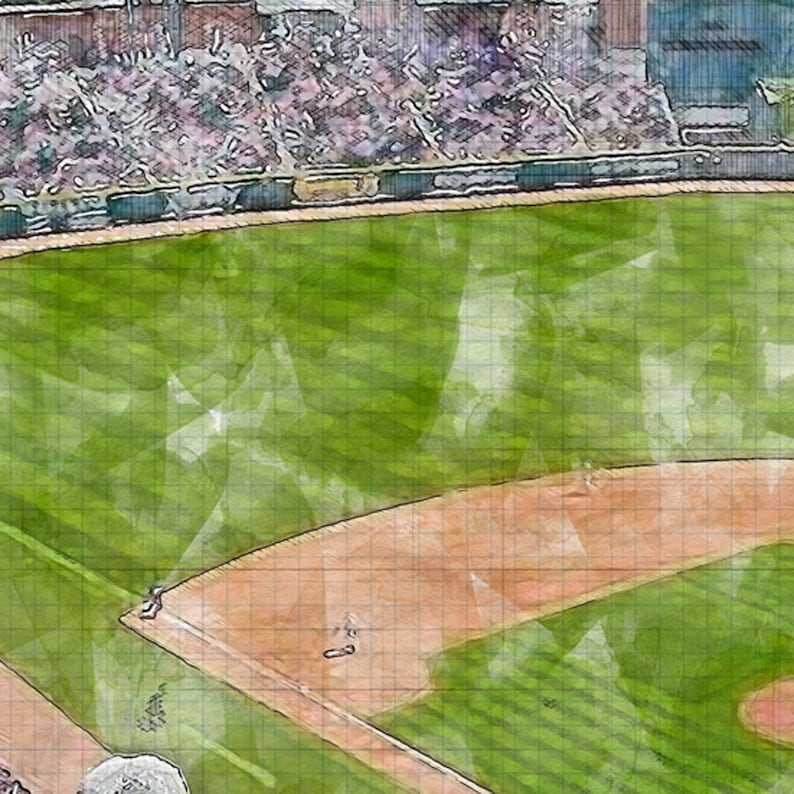 May include: A watercolor painting of a baseball field with a green outfield and a brown infield. The stands are filled with people in the background.