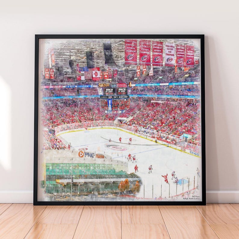 May include: A watercolor painting of a hockey arena with a crowd of fans in red. The ice rink is empty except for a few players in white and red jerseys. The arena is decorated with banners that say "Stanley Cup Champions".
