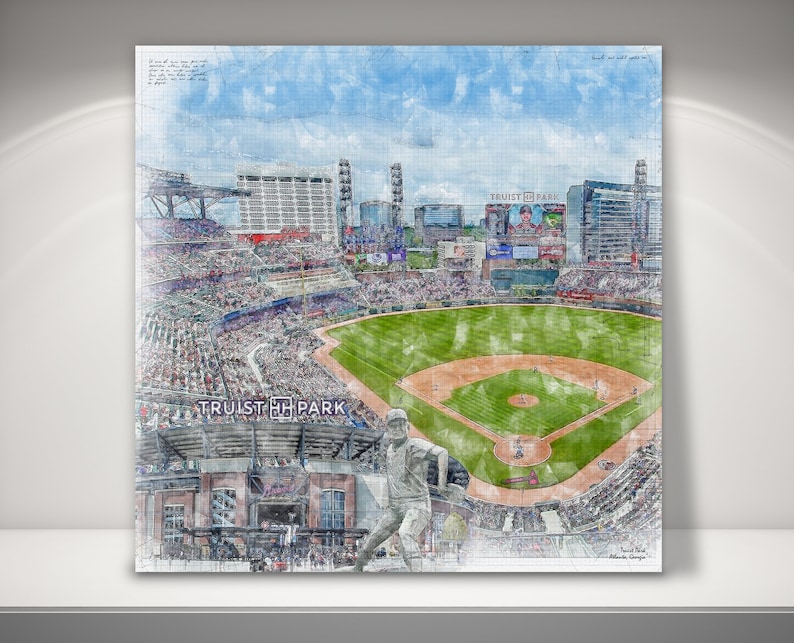 May include: A watercolor painting of a baseball stadium, Trust Park, in Atlanta, Georgia. The stadium is filled with fans and the field is green with a baseball diamond in the center. The painting has a vintage, faded look.