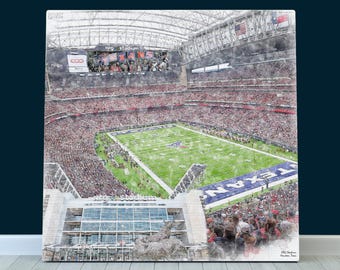 May include: A watercolor painting of a football stadium with a large crowd of people. The stadium is filled with fans wearing red and blue clothing. The field is green with white lines and a large "TEXANS" logo in the end zone. The stadium is called "NRG Stadium".