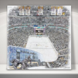 May include: A black and white sketch of PPG Paints Arena in Pittsburgh, Pennsylvania. The arena is filled with fans and the ice hockey rink is visible in the centre. The arena's exterior is also visible, with the words "PPG Paints Arena" displayed on the side.