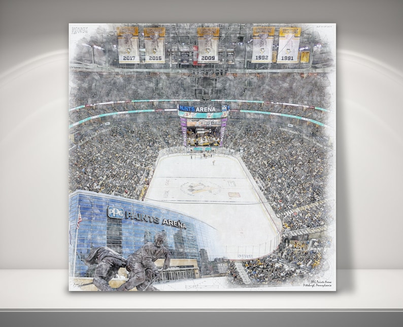 May include: A black and white sketch of PPG Paints Arena in Pittsburgh, Pennsylvania. The arena is filled with fans and the ice hockey rink is visible in the centre. The arena's exterior is also visible, with the words "PPG Paints Arena" displayed on the side.