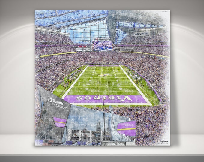 U.S. Bank Stadium Canvas / Print, Artist Drawn Football Stadium, Minnesota Vikings Football, Sports Art