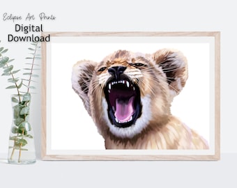 Baby Lion Print, Lion Art, Wystrój pokoju dziecięcego, Plakat z lwem, Wystrój pokoju dziecięcego, Wydrukowana ściana, Sztuka cyfrowa do pobrania