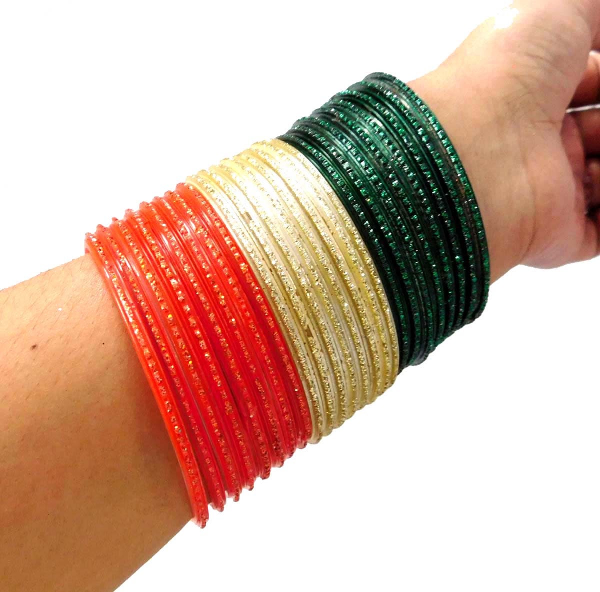 24 Pieces Indian Tiranga Glass and Metal Bangles Fashion for