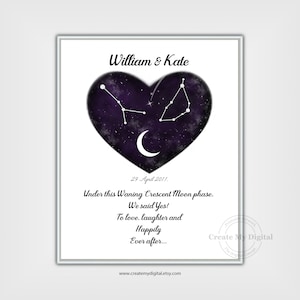 Constellations personnalisées, nom et phase de lune pour couple | impression personnalisée de couple de zodiaque | Déclaration personnalisée de cadeau de couple de phase de lune de l’amour