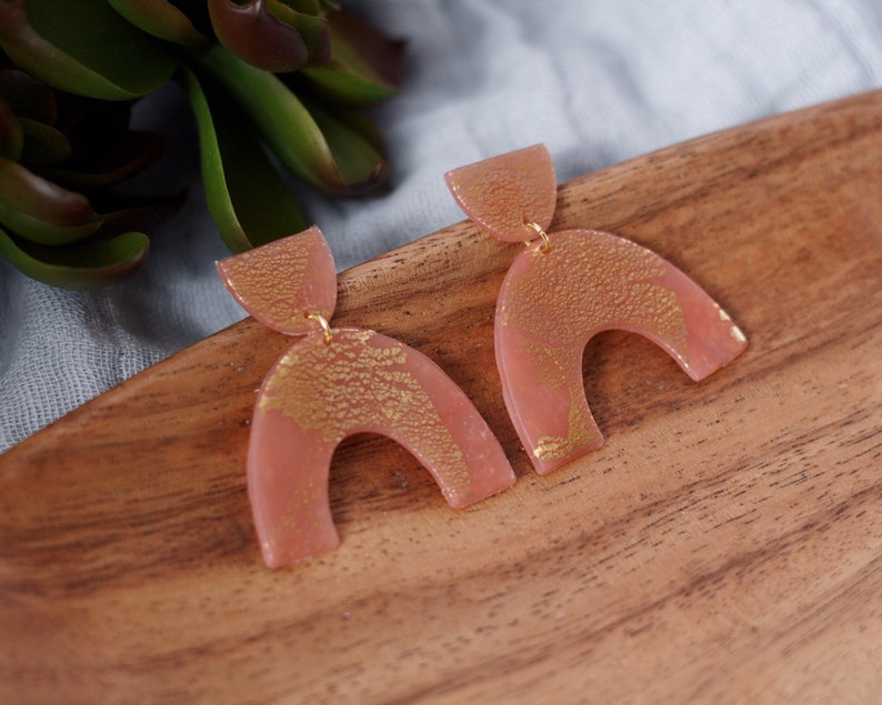 Rainbow Dangle Arch Sea Glass AquaGold Minimalist SemiCircle Polymer Clay Earrings Geometric White Speckle Modern Rose QuartzGold