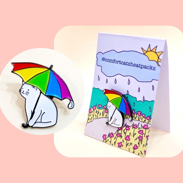 1” Enamel pin rainbow umbrella kitty