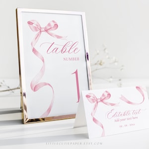 Bearbeitbare Essenszelt-Vorlage mit rosa Schleife und Tischnummer, bearbeitbare Tischkarte mit rosa Schleife für Babyparty oder Geburtstagsfeier 1002, 2003