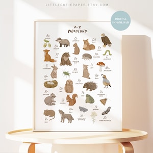 Woodland Alphabet Poster Nursery, Animal Alphabet Poster, Montessori Nature for Kids Room, Nursery Wall Art, Digital Download WDL001