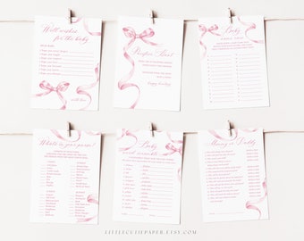 Editable 12 Pink Bow Baby Shower Games Bundle, Printable Pink Ribbon Baby Shower Game Activities, Printable Games Pack 1002