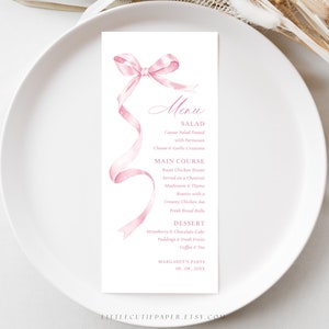 Edytowalny szablon menu z różową kokardą, karty menu z różową wstążką do wydrukowania na przyjęcie z okazji baby shower lub urodzin 1002, 2003
